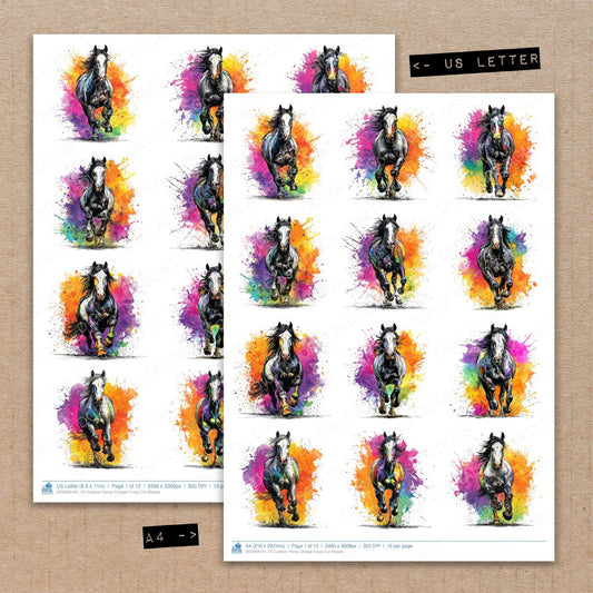 A4 and US Letter format comparison showing Cartoon Horse Charge fussy cut pages for print and cut crafting