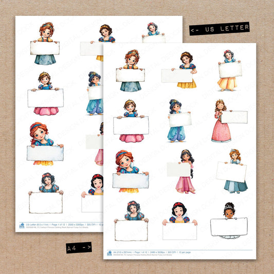 A4 and US Letter format comparison showing Cartoon Princess Holding Blank Banner fussy cut pages for print and cut crafting