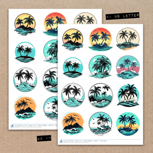 A4 and US Letter format comparison showing Cartoon Tropical Island fussy cut pages for print and cut crafting