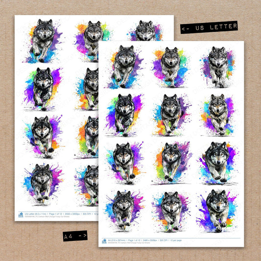 A4 and US Letter format comparison showing Cartoon Wolf Charge fussy cut pages for print and cut crafting