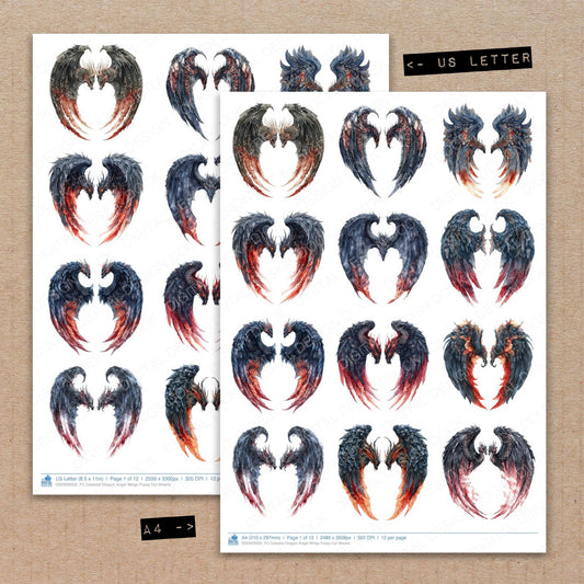 A4 and US Letter format comparison showing Celestial Dragon Angel Wings fussy cut pages for print and cut crafting