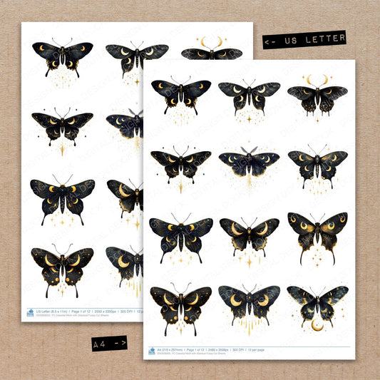 A4 and US Letter format comparison showing Celestial Moth with Stardust fussy cut pages for print and cut crafting