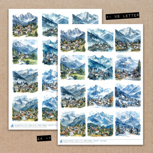 A4 and US Letter format comparison showing Charming Village in the Swiss Alps fussy cut pages for print and cut crafting