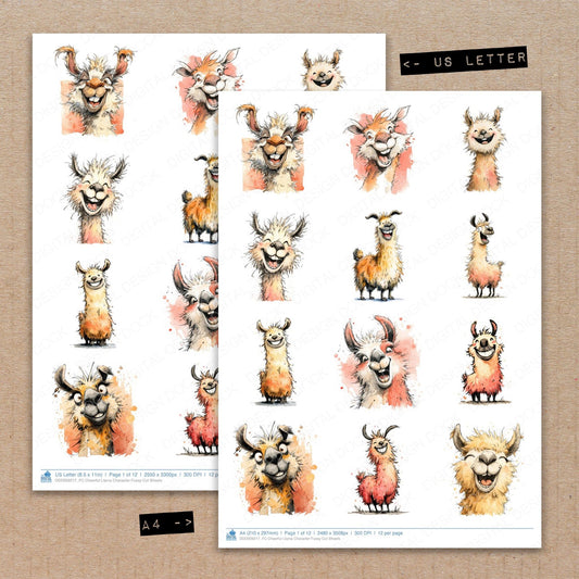 A4 and US Letter format comparison showing Cheerful Llama Character fussy cut pages for print and cut crafting