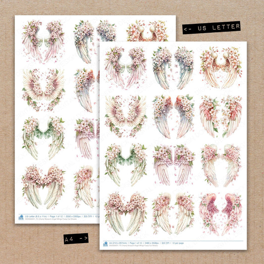 A4 and US Letter format comparison showing Cherry Blossom Angel Wings fussy cut pages for print and cut crafting