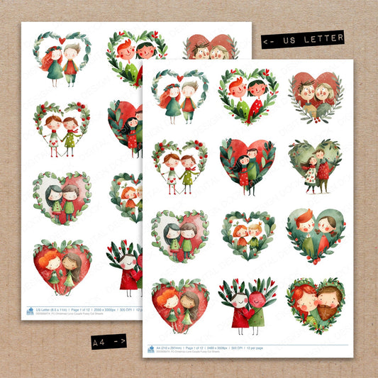 A4 and US Letter format comparison showing Christmas Love Couple fussy cut pages for print and cut crafting