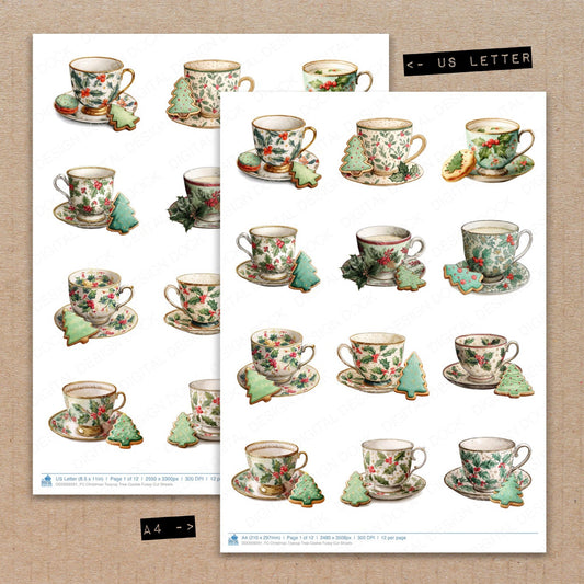 A4 and US Letter format comparison showing Christmas Teacup Tree Cookie fussy cut pages for print and cut crafting