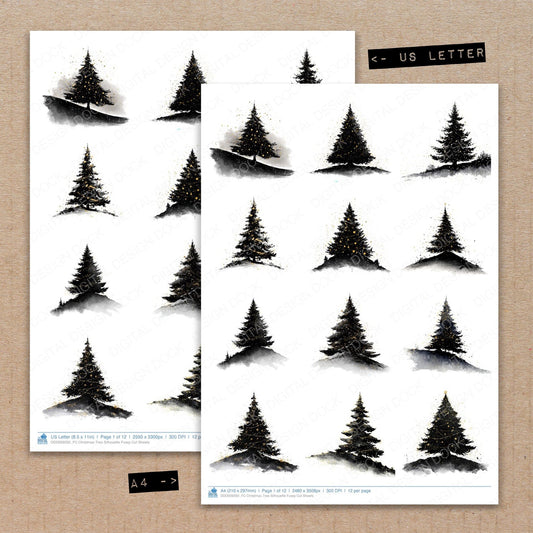 A4 and US Letter format comparison showing Christmas Tree Silhouette fussy cut pages for print and cut crafting
