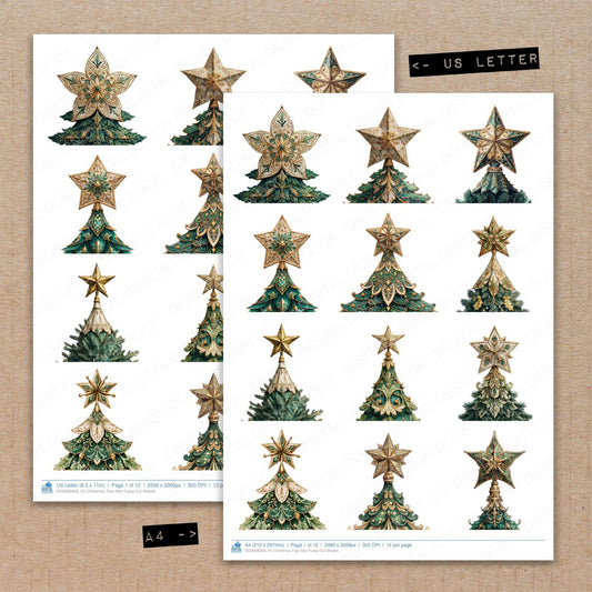 A4 and US Letter format comparison showing Christmas Tree Star fussy cut pages for print and cut crafting