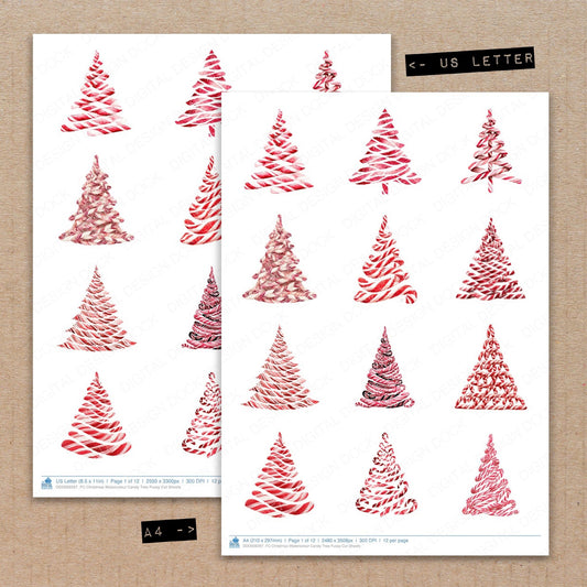 A4 and US Letter format comparison showing Christmas Watercolour Candy Tree fussy cut pages for print and cut crafting