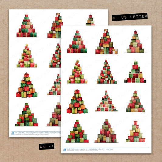 A4 and US Letter format comparison showing Christmas Watercolour Gift Tree fussy cut pages for print and cut crafting