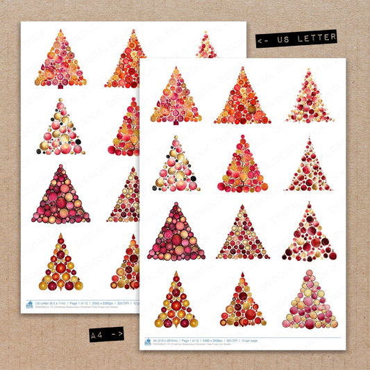 A4 and US Letter format comparison showing Christmas Watercolour Ornament Tree fussy cut pages for print and cut crafting