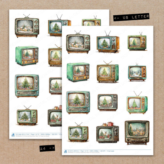 A4 and US Letter format comparison showing Christmas Watercolour Retro TV fussy cut pages for print and cut crafting
