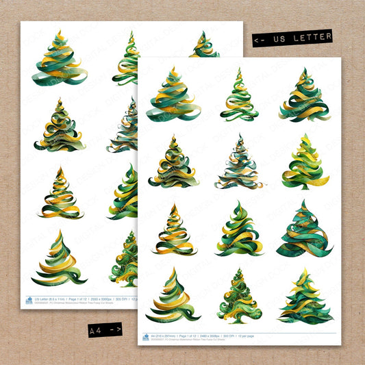 A4 and US Letter format comparison showing Christmas Watercolour Ribbon Tree fussy cut pages for print and cut crafting