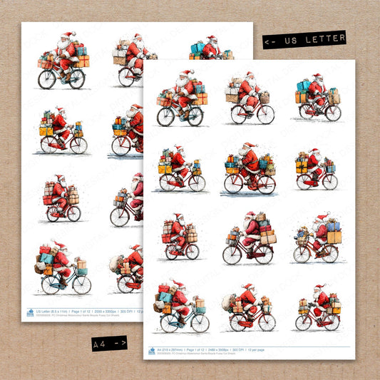 A4 and US Letter format comparison showing Christmas Watercolour Santa Bicycle fussy cut pages for print and cut crafting