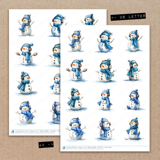 A4 and US Letter format comparison showing Christmas Watercolour Snowman Headphones fussy cut pages for print and cut crafting