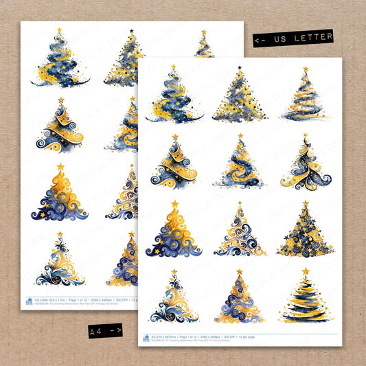 A4 and US Letter format comparison showing Christmas Watercolour Star Tree A fussy cut pages for print and cut crafting