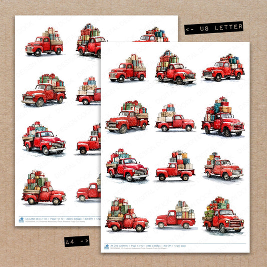 A4 and US Letter format comparison showing Christmas Watercolour Truck Presents fussy cut pages for print and cut crafting