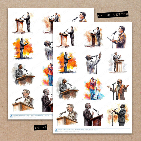 A4 and US Letter format comparison showing Church Preacher fussy cut pages for print and cut crafting