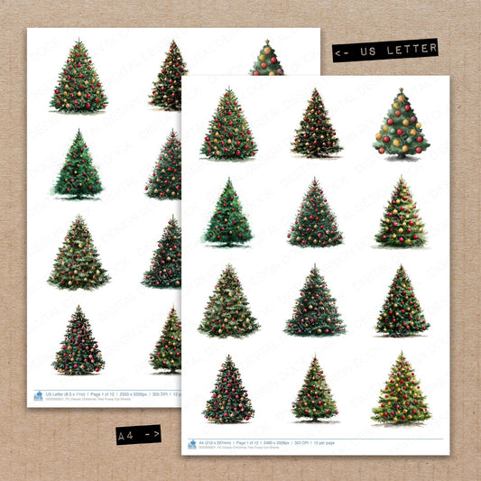 A4 and US Letter format comparison showing Classic Christmas Tree fussy cut pages for print and cut crafting
