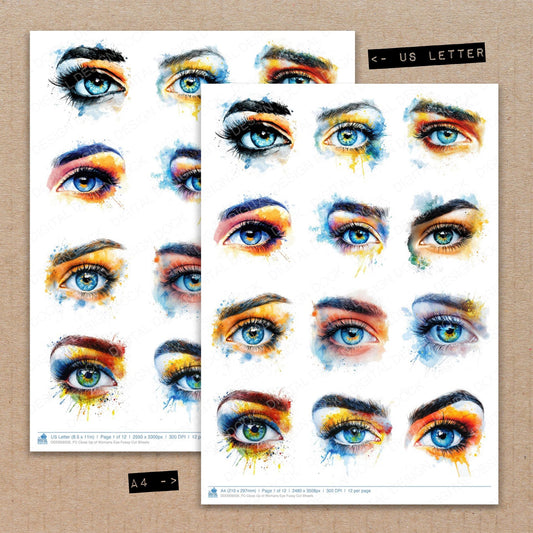 A4 and US Letter format comparison showing Close Up of Womans Eye fussy cut pages for print and cut crafting