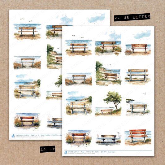 A4 and US Letter format comparison showing Coastal Bench Scene fussy cut pages for print and cut crafting