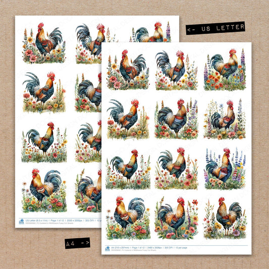 A4 and US Letter format comparison showing Cockerel in Wildflowers fussy cut pages for print and cut crafting