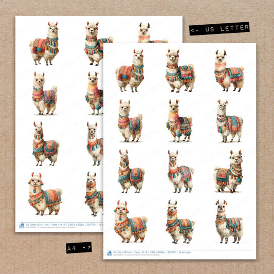 A4 and US Letter format comparison showing Colourful Blanket Llama fussy cut pages for print and cut crafting