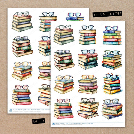 A4 and US Letter format comparison showing Colourful Book Stack with Glasses fussy cut pages for print and cut crafting