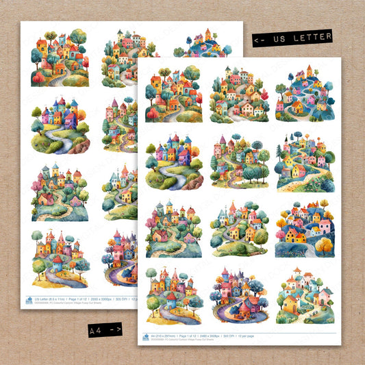 A4 and US Letter format comparison showing Colourful Cartoon Village fussy cut pages for print and cut crafting