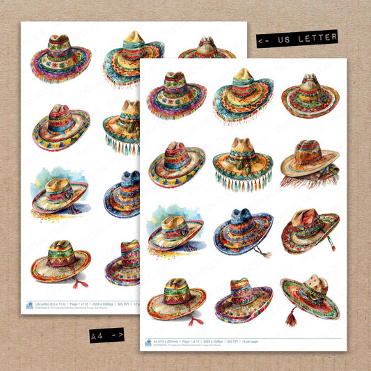 A4 and US Letter format comparison showing Colourful Mexican Sombrero fussy cut pages for print and cut crafting