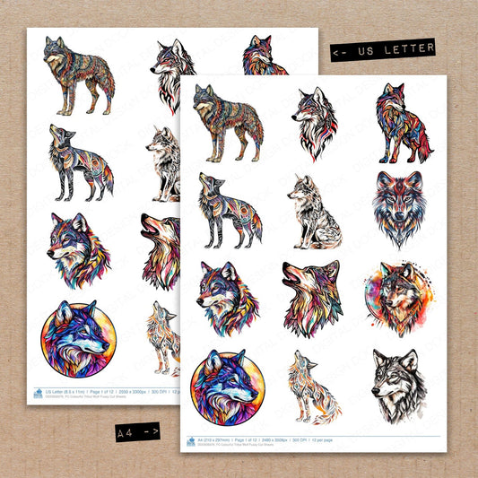 A4 and US Letter format comparison showing Colourful Tribal Wolf fussy cut pages for print and cut crafting