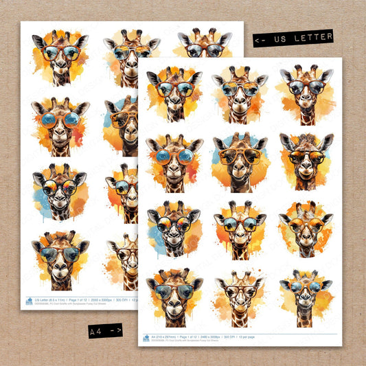 A4 and US Letter format comparison showing Cool Giraffe with Sunglasses fussy cut pages for print and cut crafting