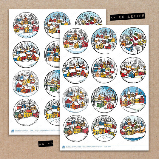 A4 and US Letter format comparison showing Cozy WInter Village Cartoon fussy cut pages for print and cut crafting