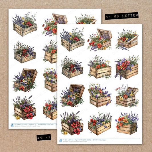 A4 and US Letter format comparison showing Crate of Wildflowers fussy cut pages for print and cut crafting