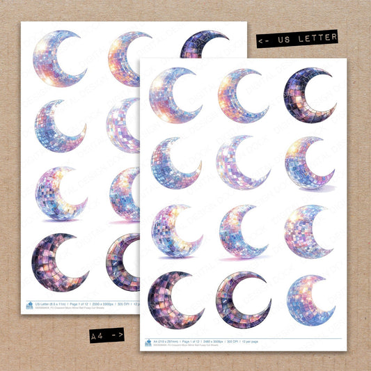 A4 and US Letter format comparison showing Crescent Moon Mirror Ball fussy cut pages for print and cut crafting