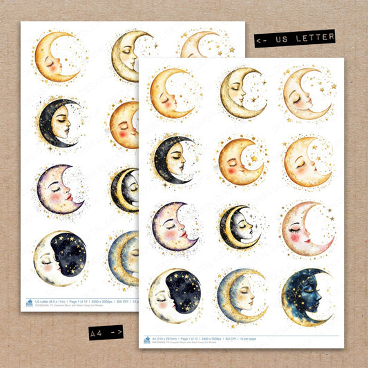 A4 and US Letter format comparison showing Crescent Moon with Stars fussy cut pages for print and cut crafting