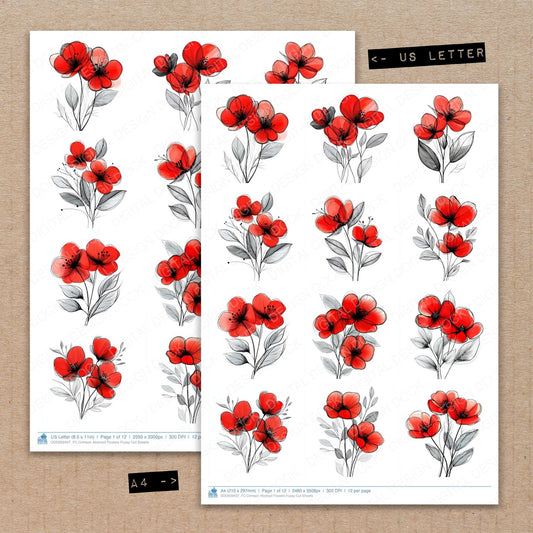 A4 and US Letter format comparison showing Crimson Abstract Flowers fussy cut pages for print and cut crafting