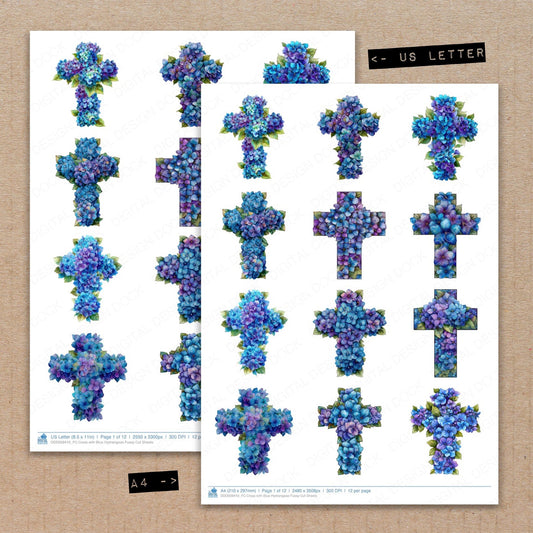 A4 and US Letter format comparison showing Cross with Blue Hydrangeas fussy cut pages for print and cut crafting