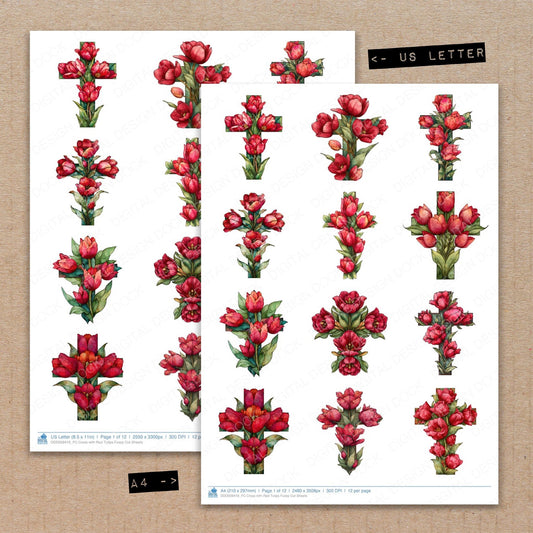 A4 and US Letter format comparison showing Cross with Red Tulips fussy cut pages for print and cut crafting