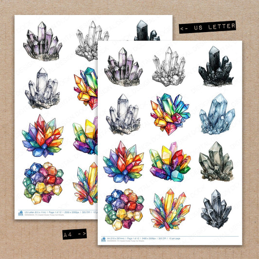 A4 and US Letter format comparison showing Crystal Cluster fussy cut pages for print and cut crafting