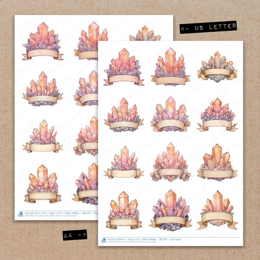 A4 and US Letter format comparison showing Crystal Cluster Bottom Banner fussy cut pages for print and cut crafting