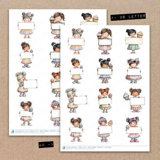 A4 and US Letter format comparison showing Cupcake Girl with Banner fussy cut pages for print and cut crafting