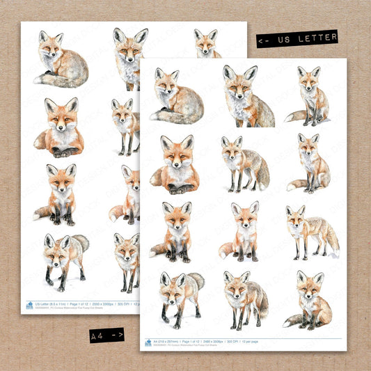 A4 and US Letter format comparison showing Curious Watercolour Fox fussy cut pages for print and cut crafting