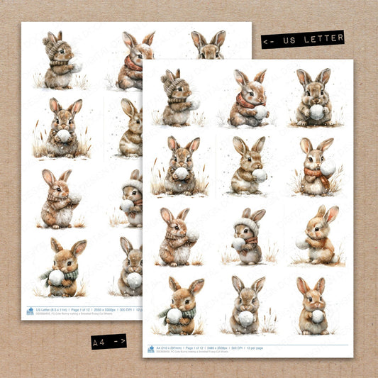 A4 and US Letter format comparison showing Cute Bunny making a Snowball fussy cut pages for print and cut crafting