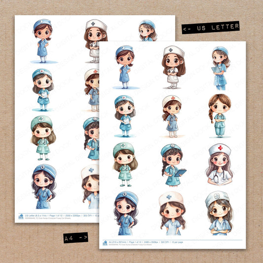 A4 and US Letter format comparison showing Cute Nurse Character fussy cut pages for print and cut crafting