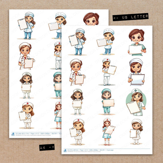 A4 and US Letter format comparison showing Cute Nurse Holding Blank Clipboard fussy cut pages for print and cut crafting