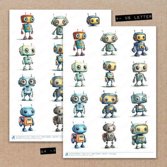 A4 and US Letter format comparison showing Cute Robot Boy fussy cut pages for print and cut crafting