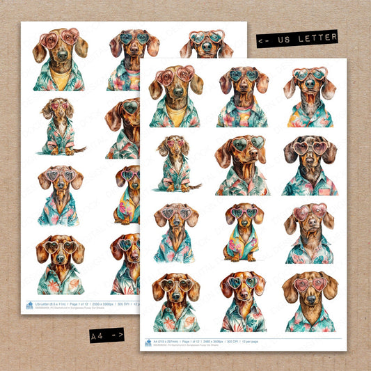 A4 and US Letter format comparison showing Dachshund in Sunglasses fussy cut pages for print and cut crafting