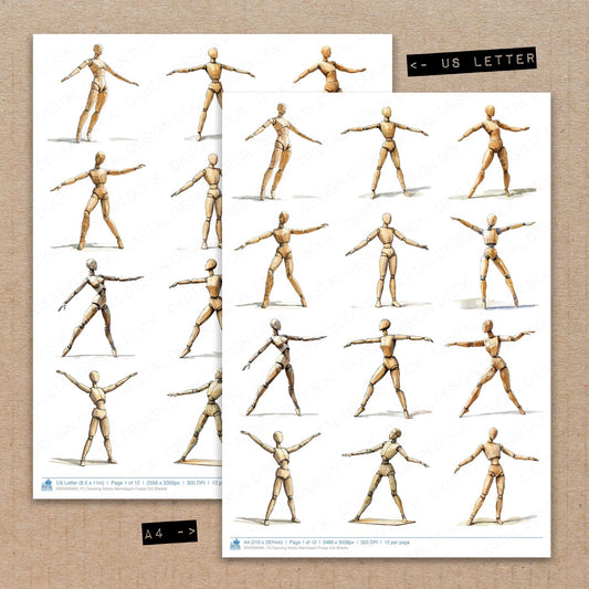 A4 and US Letter format comparison showing Dancing Artists Mannequin fussy cut pages for print and cut crafting